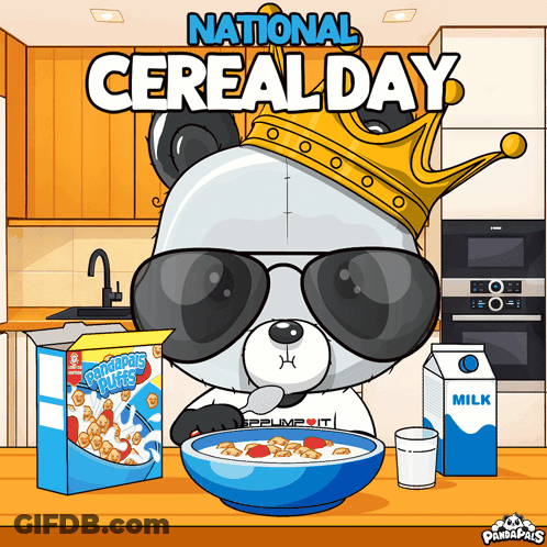 A Panda Bear Wearing Sunglasses And A Crown Is Eating Cereal GIF