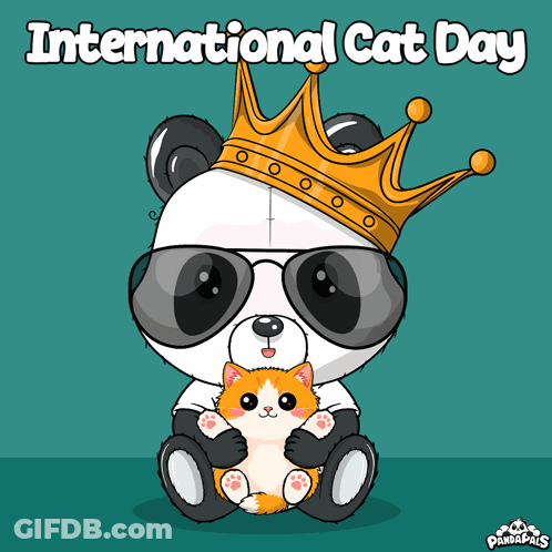 A Panda Bear Wearing Sunglasses And A Crown Is Holding A Kitten GIF