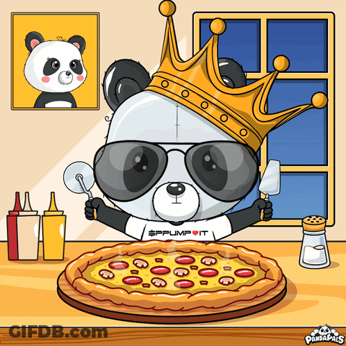 A Panda Bear Wearing Sunglasses And A Crown Is Holding A Spatula And Pizza Cutter GIF