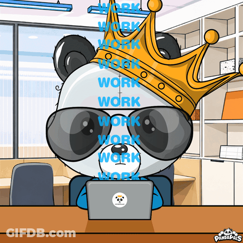 A Panda Bear Wearing Sunglasses And A Crown Is Sitting In Front Of A Laptop GIF