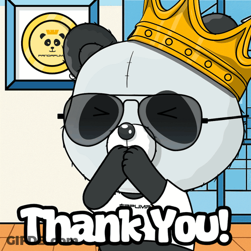 A Panda Bear Wearing Sunglasses And A Crown Says " Thank You " GIF