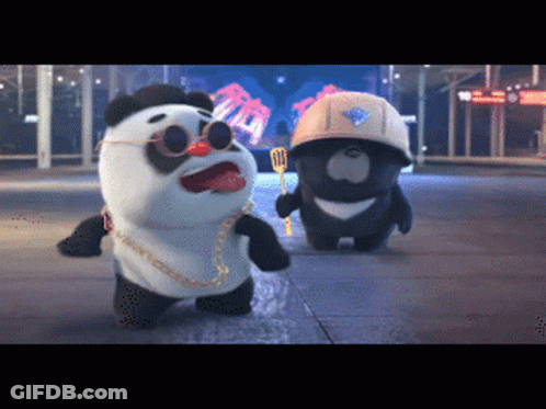 A Panda Bear Wearing Sunglasses And Holding A Fork Is Standing Next To A Black Bear Wearing A Hard Hat GIF