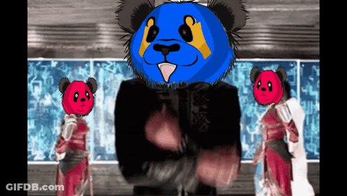 A Panda Bear With A Blue Head Is Standing In Front Of Two Red Bears GIF