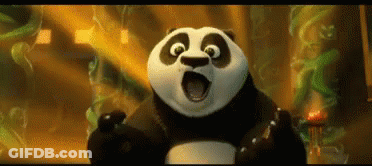 A Panda Bear With Its Mouth Open Is Standing In Front Of A Painting . GIF