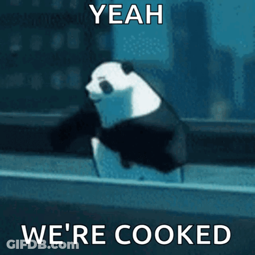 A Panda Bear With The Words Yeah We 'Re Cooked GIF