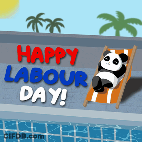 A Panda Is Laying In A Lawn Chair With The Words Happy Labour Day Written Above It GIF