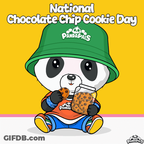 A Panda Wearing A Green Hat And Holding A Jar Of Chocolate Chip Cookies For National Chocolate Chip Cookie Day GIF