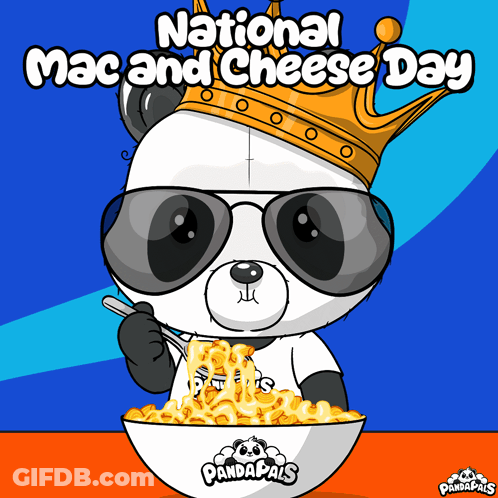 A Panda Wearing Sunglasses And A Crown Eating Macaroni And Cheese GIF