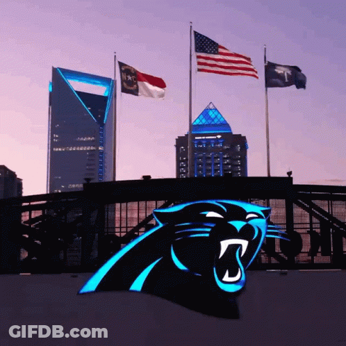 A Panthers Logo Is Lit Up In Front Of A Cityscape GIF