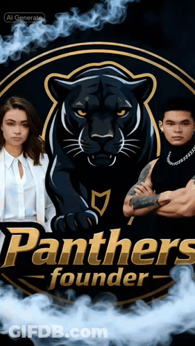 A Panthers Logo With A Man And A Woman In Front Of It GIF