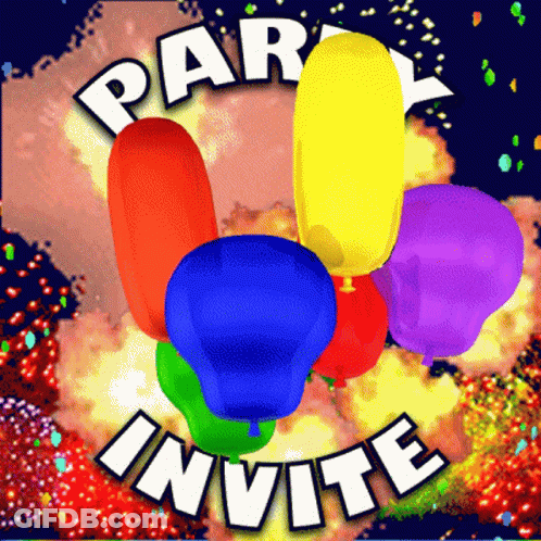 A Party Invitation With Balloons And Fireworks GIF