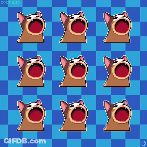 A Pattern Of Cats With Their Mouths Open On A Blue Checkered Background GIF