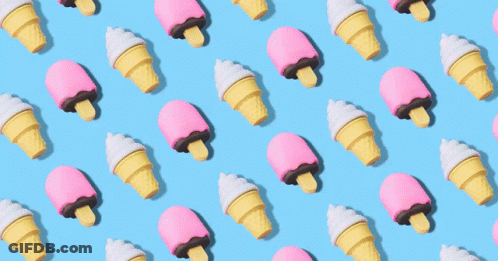 A Pattern Of Ice Cream Cones With Pink And White Icing On A Blue Background GIF