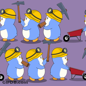 A Pattern Of Penguins Wearing Hard Hats Holding Hammers And A Wheelbarrow GIF