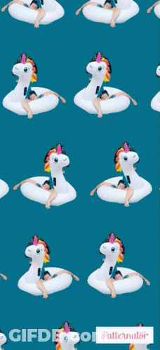 A Pattern Of Unicorn Floats On A Blue Background With The Word Patternator At The Bottom GIF