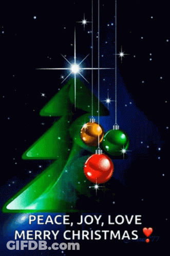 A Peace Joy Love Merry Christmas Card With A Christmas Tree And Decorations GIF