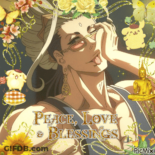 A Peace Love And Blessings Greeting Card With A Man Sticking Out His Tongue GIF