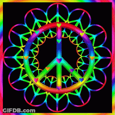 A Peace Sign Is Surrounded By Hearts On A Rainbow Background GIF