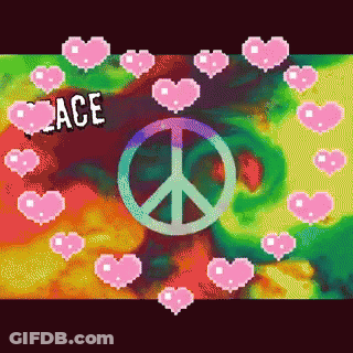 A Peace Sign Is Surrounded By Pink Hearts And The Word Peace Is Above It GIF