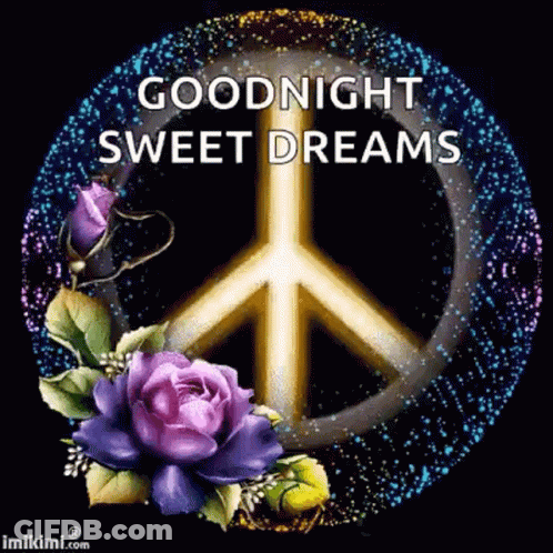 A Peace Sign Is Surrounded By Purple Flowers And A Goodnight Sweet Dreams Message . GIF