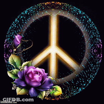A Peace Sign Is Surrounded By Purple Flowers And Sparkles GIF