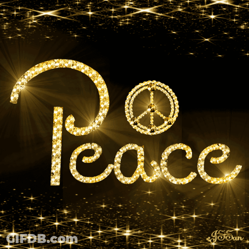 A Peace Sign Is Surrounded By The Word Peace In Gold GIF