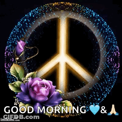 A Peace Sign With Purple Roses And The Words `` Good Morning '' . GIF