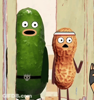 A Peanut And A Pickle Are Standing Next To Each Other In A Doorway GIF