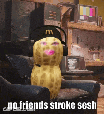 A Peanut Wearing Headphones And A Mcdonald 'S Hat Is Sitting In A Chair GIF