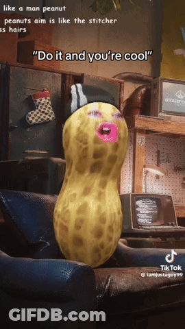 A Peanut With A Stitcher 'S Hat On Is Sitting In A Chair GIF