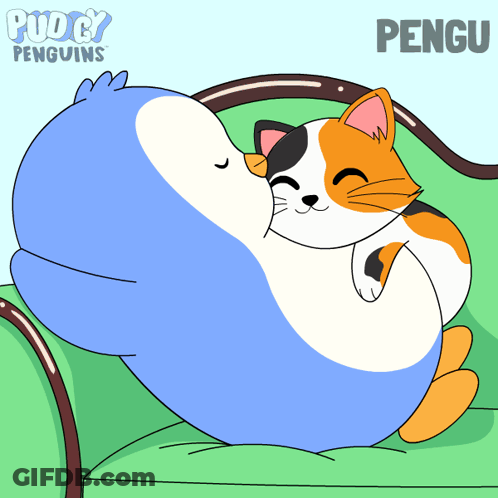 A Penguin And A Cat Are Hugging On A Couch And The Penguin Is Called Pengu GIF