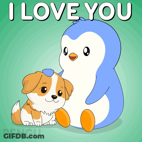 A Penguin And A Dog Are Sitting Next To Each Other With The Words " I Love You " Written Above Them GIF