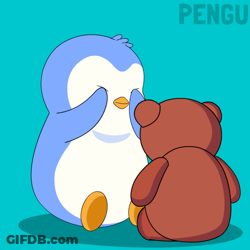 A Penguin And A Teddy Bear Are Sitting Next To Each Other And The Penguin Is Covering Its Eyes GIF