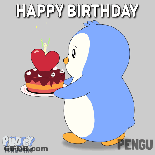 A Penguin Blowing Out A Candle On A Cake With The Words Happy Birthday Behind It GIF