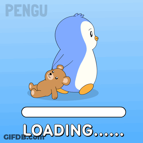 A Penguin Carrying A Teddy Bear And A Loading Bar GIF