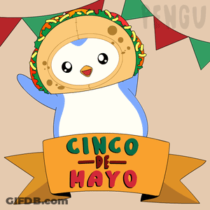 A Penguin Dressed As A Taco Holds A Banner That Says Cinco-De-Mayo GIF