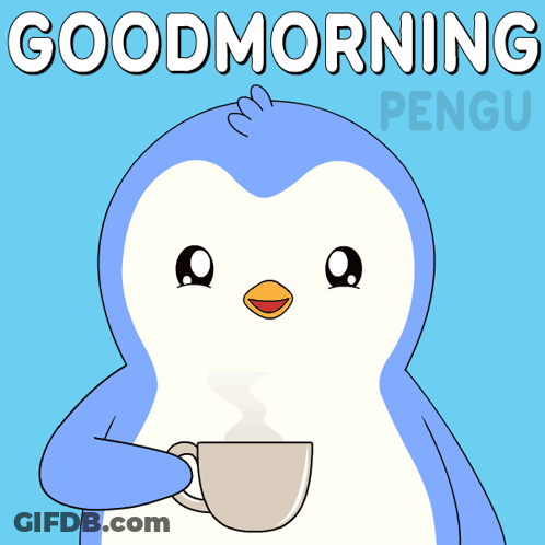 A Penguin Drinking From A Cup With The Words Good Morning Penguin GIF