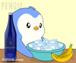 A Penguin Drinking Ice From A Bowl Next To A Bottle Of Saratoga GIF