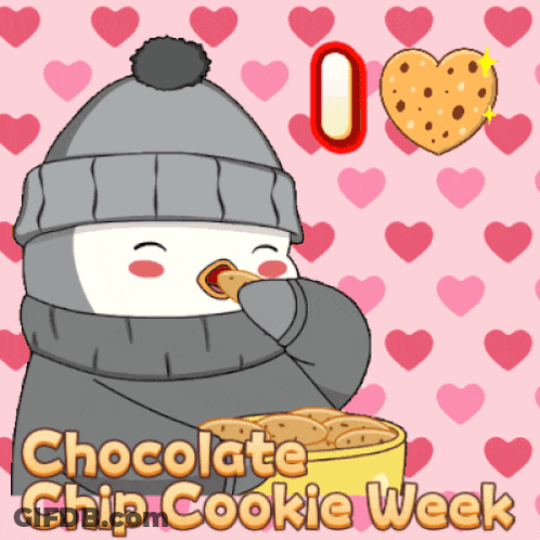 A Penguin Eating A Cookie With The Words Chocolate Chip Cookie Week Below GIF
