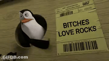 A Penguin From Madagascar Is Standing Next To A Package That Says `` Bitches Love Rocks '' . GIF