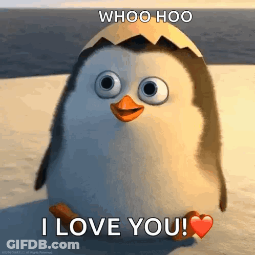 A Penguin From Spongebob Squarepants Is Sitting On The Beach With A Heart And Says Whoo Hoo I Love You . GIF