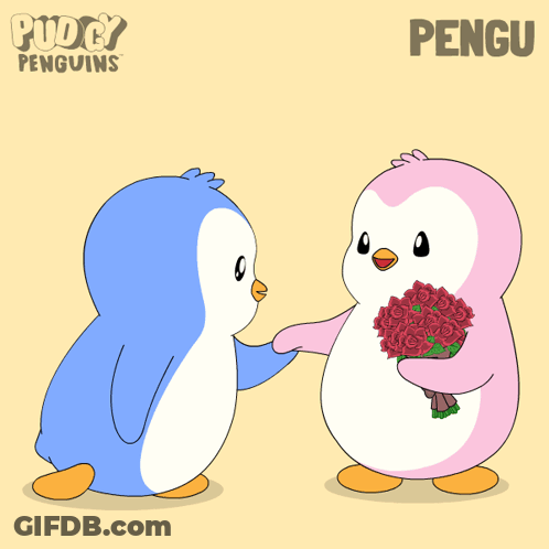A Penguin Giving A Bouquet Of Roses To Another Penguin With The Word Pengu On The Bottom GIF
