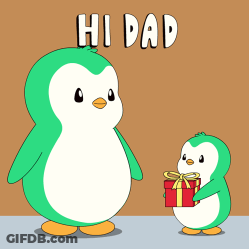 A Penguin Giving A Gift To Another Penguin With The Words Hi Dad Behind It GIF