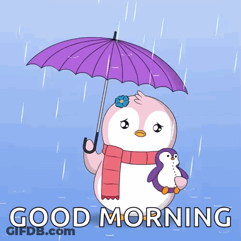 A Penguin Holding A Baby Penguin Under An Umbrella With The Words Good Morning Written Below It GIF