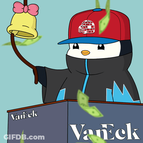 A Penguin Holding A Bell And A Book Titled Vaneck GIF