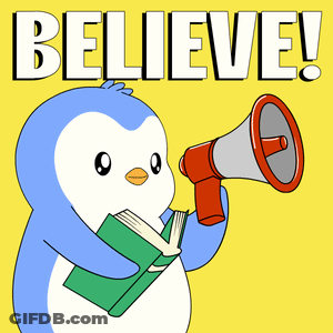 A Penguin Holding A Book And A Megaphone With The Word Believe Written Above It GIF