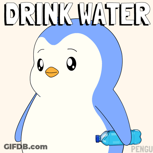 A Penguin Holding A Bottle Of Water With The Words Drink Water Behind Him GIF