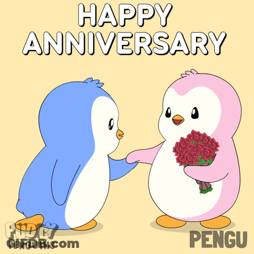 A Penguin Holding A Bouquet Of Red Roses With The Words Happy Anniversary Written Above It GIF