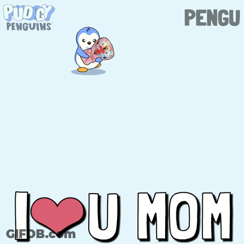 A Penguin Holding A Bouquet Of Stuffed Penguins With The Words I Love U Mom GIF