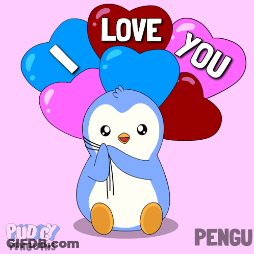 A Penguin Holding A Bunch Of Heart Shaped Balloons That Say " Love You " GIF